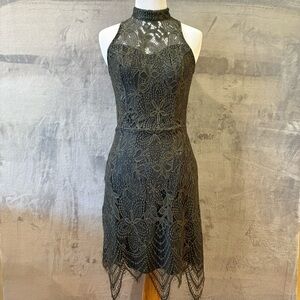 Dark Romantic Bodycon Lace Overlay Halter Sleeveless Dress Sz S Date Night